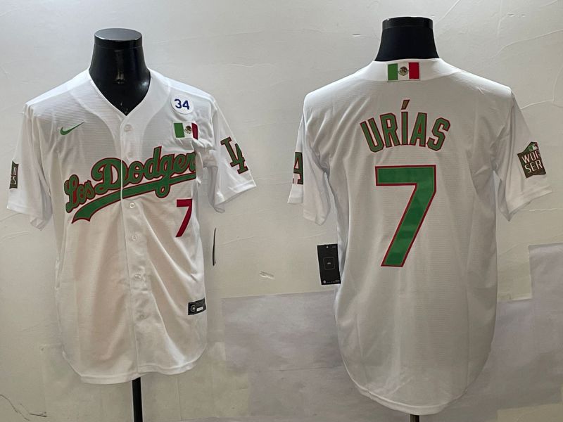Men Los Angeles Dodgers 7 Urias White Green Game 2025 Nike MLB Jersey style 3204